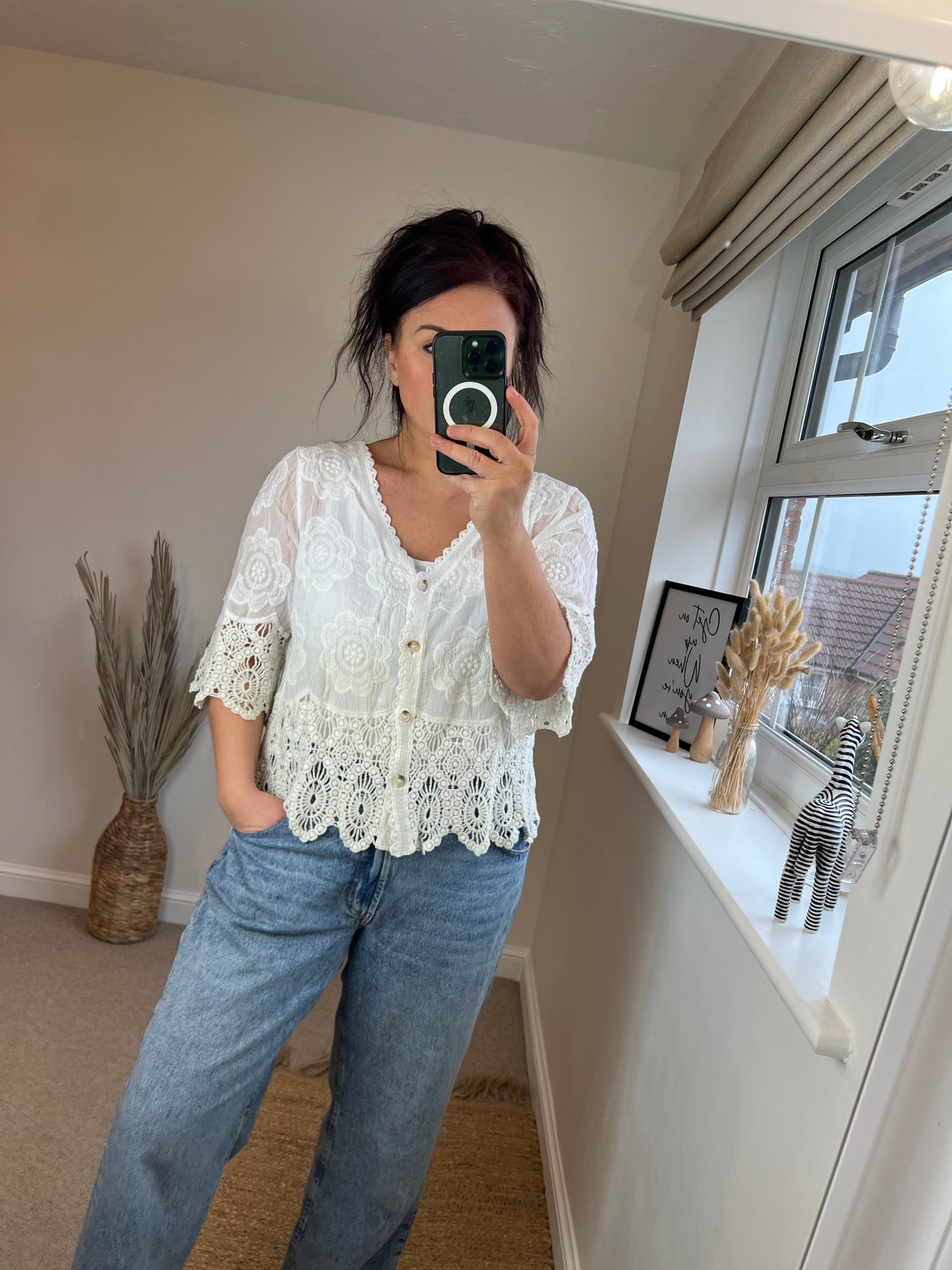 Crochet Lace Two Tone Cardi - Cream