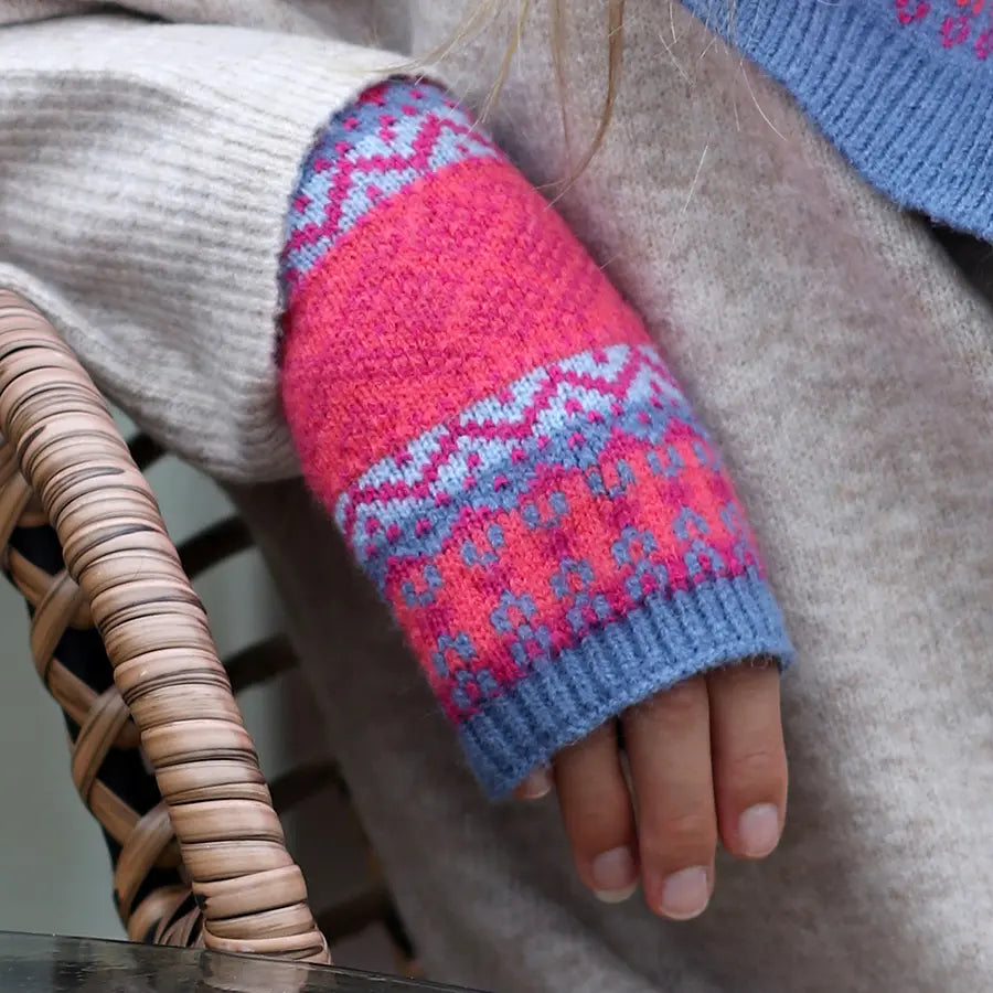 Fair Isle Wrist Warmers - Pink/Blue