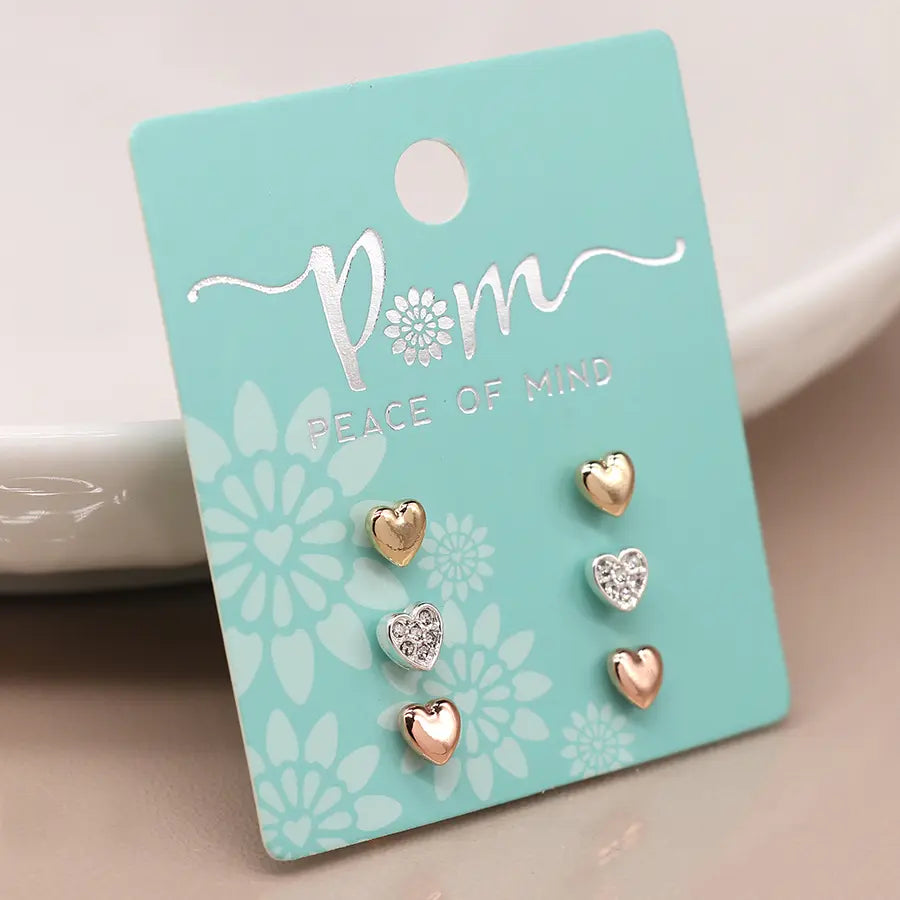 Peace of Mind - Set of 3 Silver Plated Heart Stud Earrings