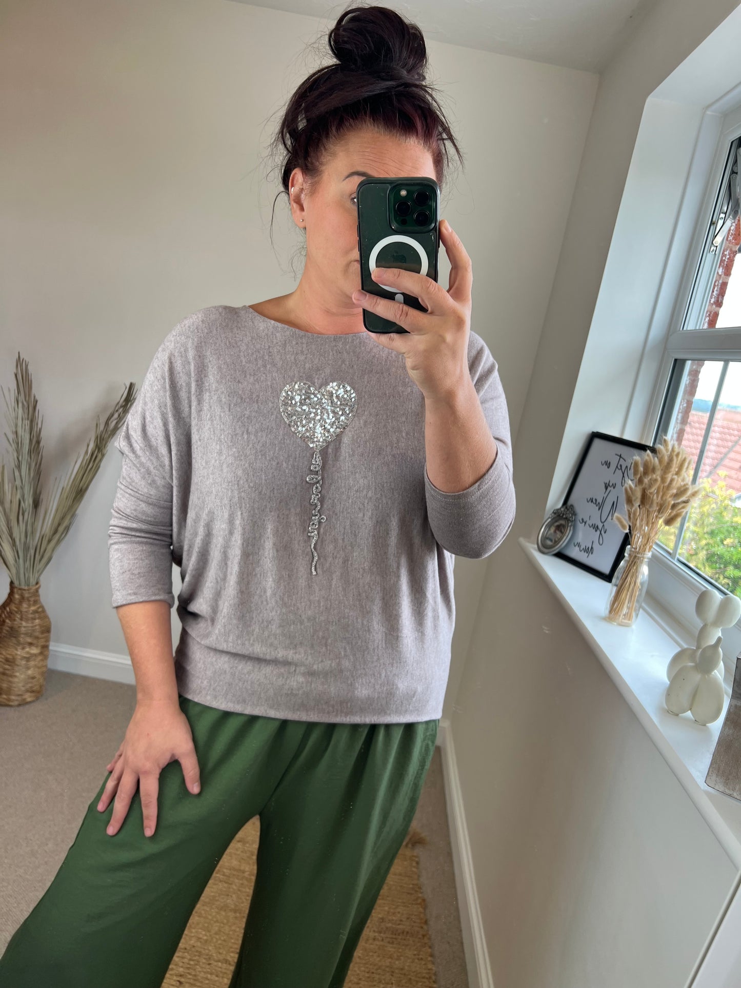 Fine Knit Sequin Heart Jumper - Mocha