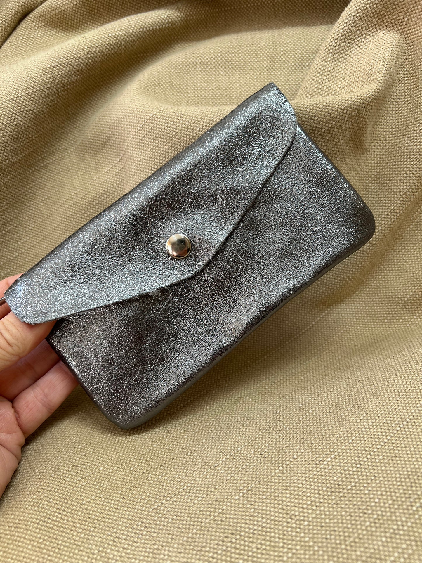 Long Leather Purse - Metallic Pewter