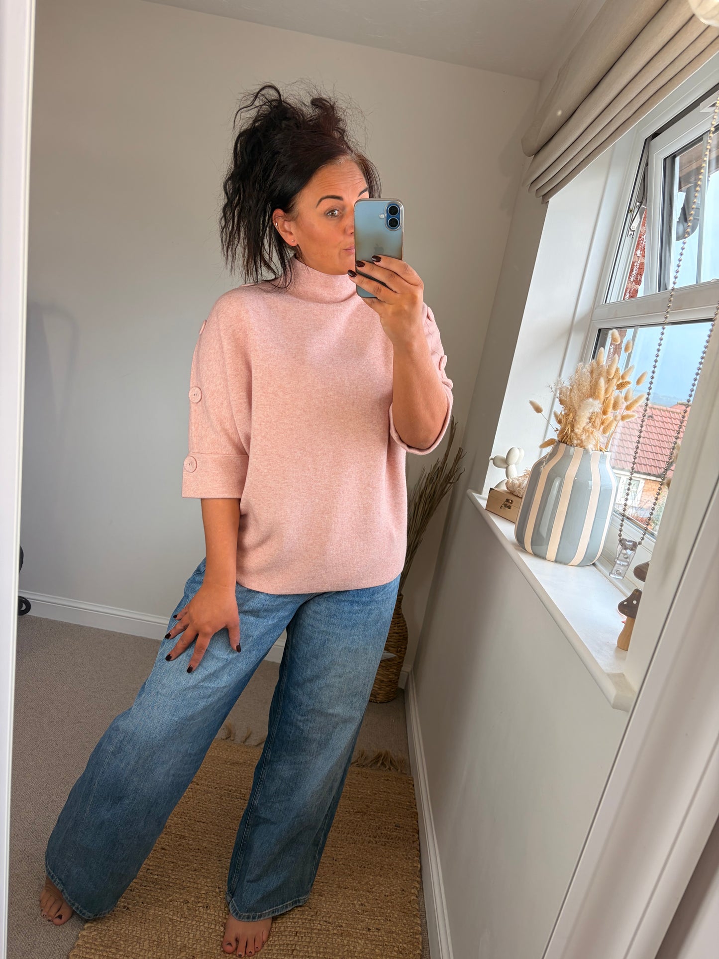 Button Sleeve Funnel Neck Jumper - Pink
