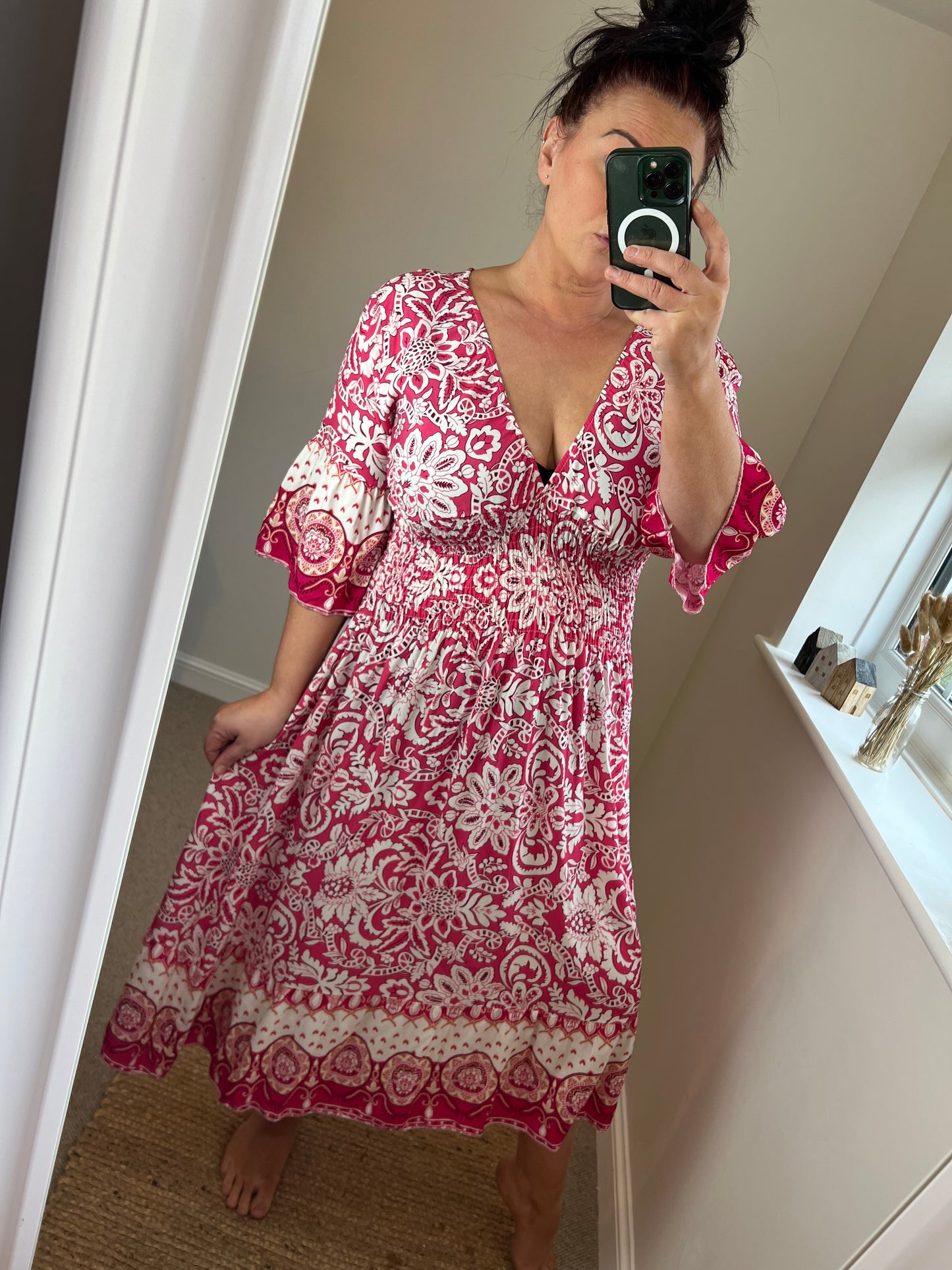 Shirred Waist Midi Dress - Cerise