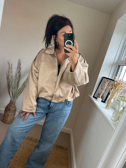Faux Suede Oversized Bomber Jacket - Beige