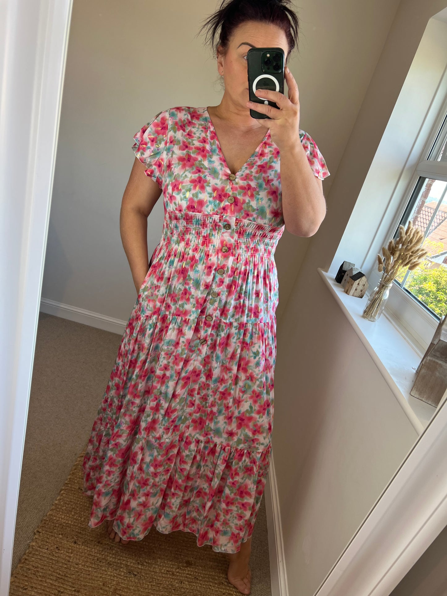 Magic Shirred V Neck Button Dress with Pocket - Roses/Gold