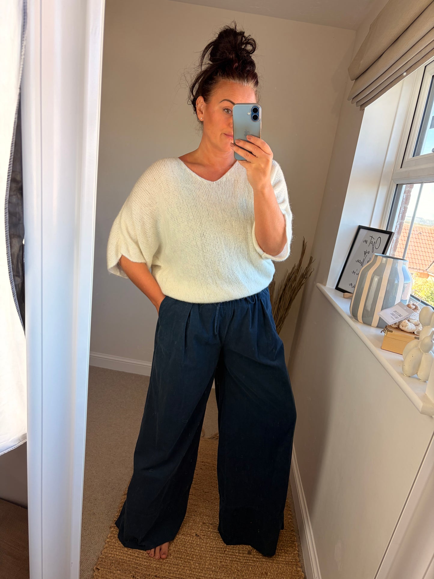 Needle Cord Panel Wide Leg Trousers - Blue