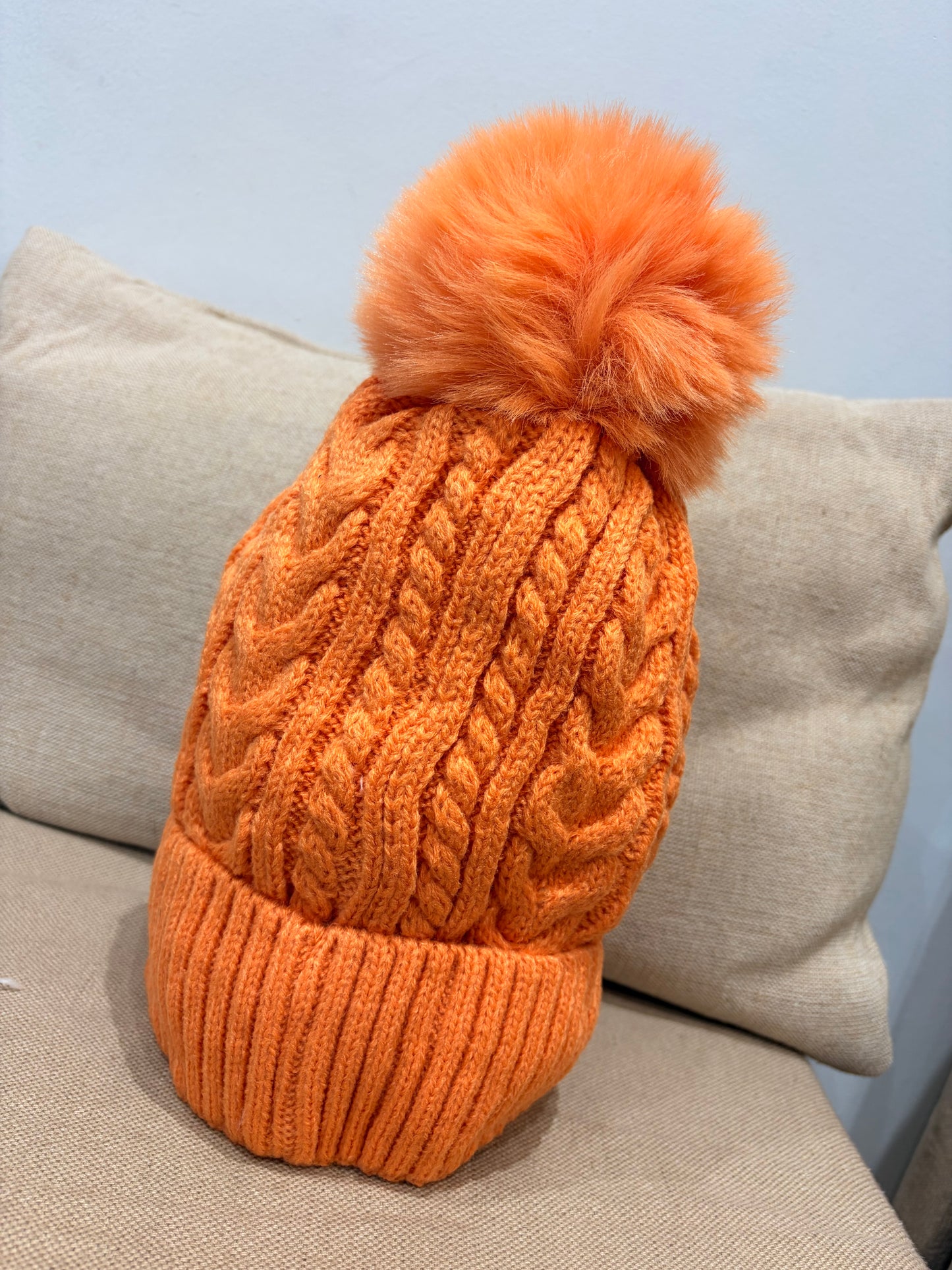Fleece Lined Pom Pom Hat - Orange