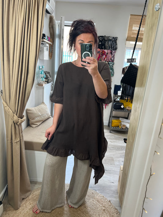 Linen Frill Tunic/Dress - Chocolate