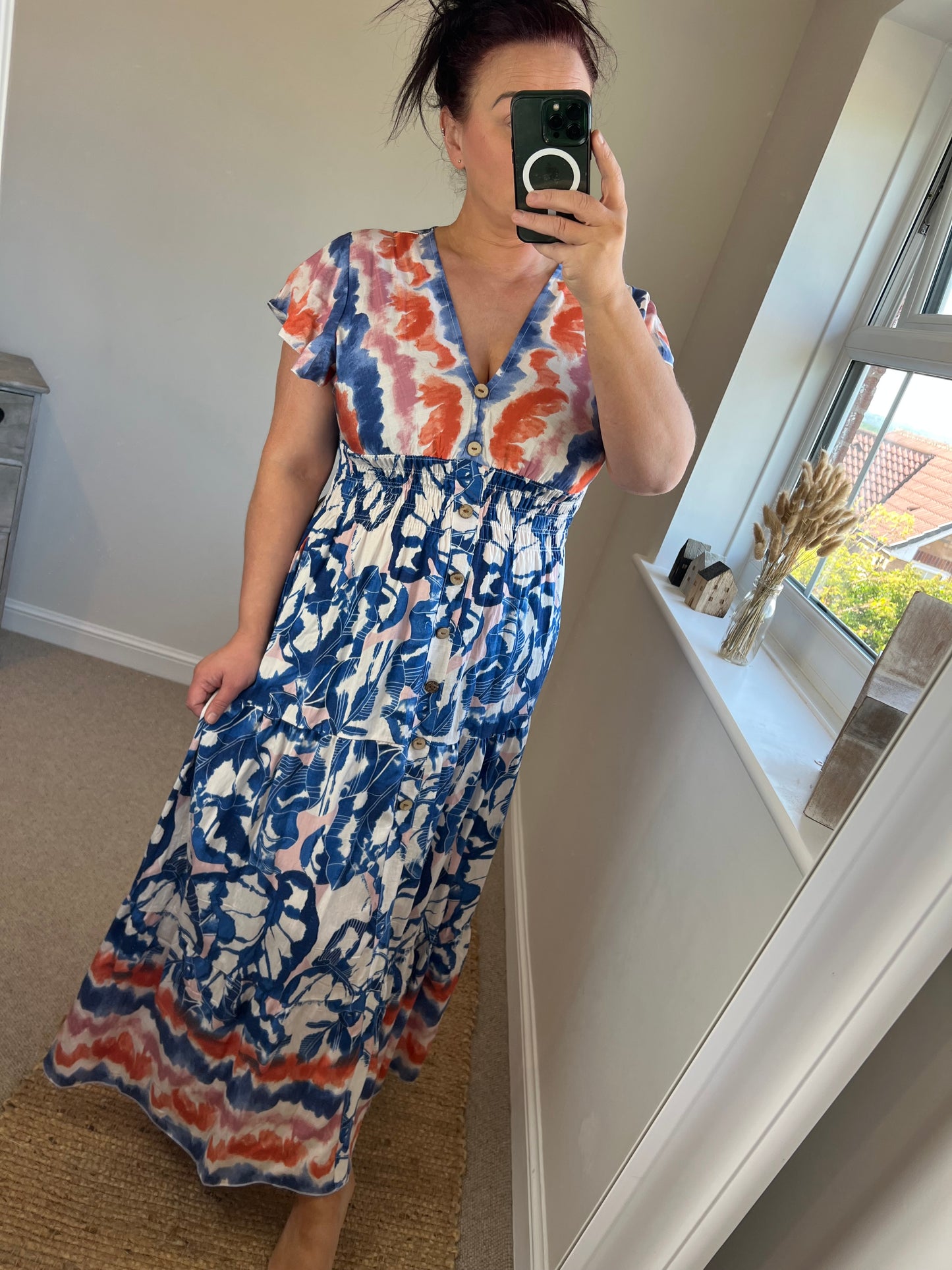 Magic Shirred V Neck Button Dress with Pockets - Blue/Orange