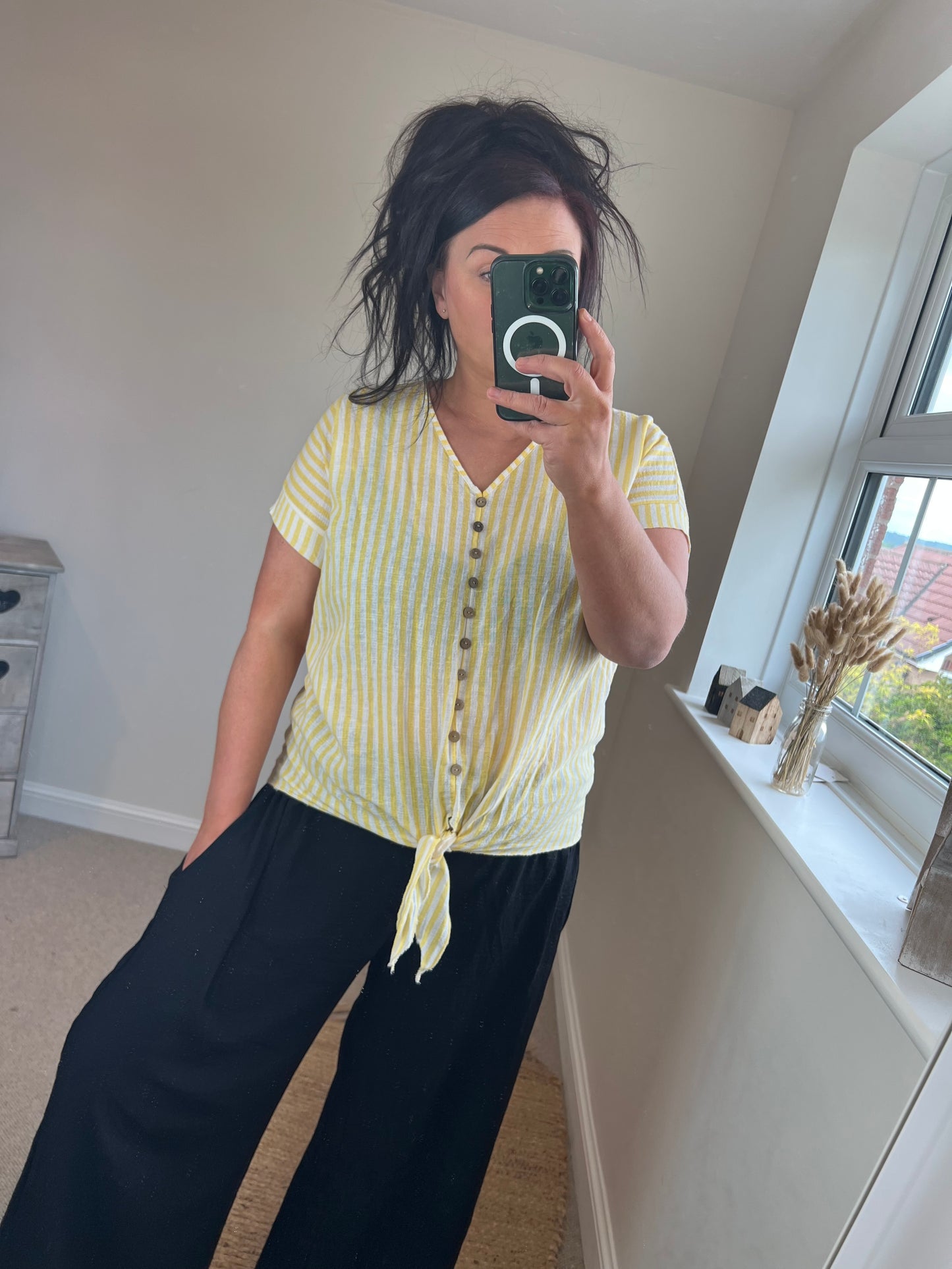 Cotton Tie Front Stripe Top - Lemon