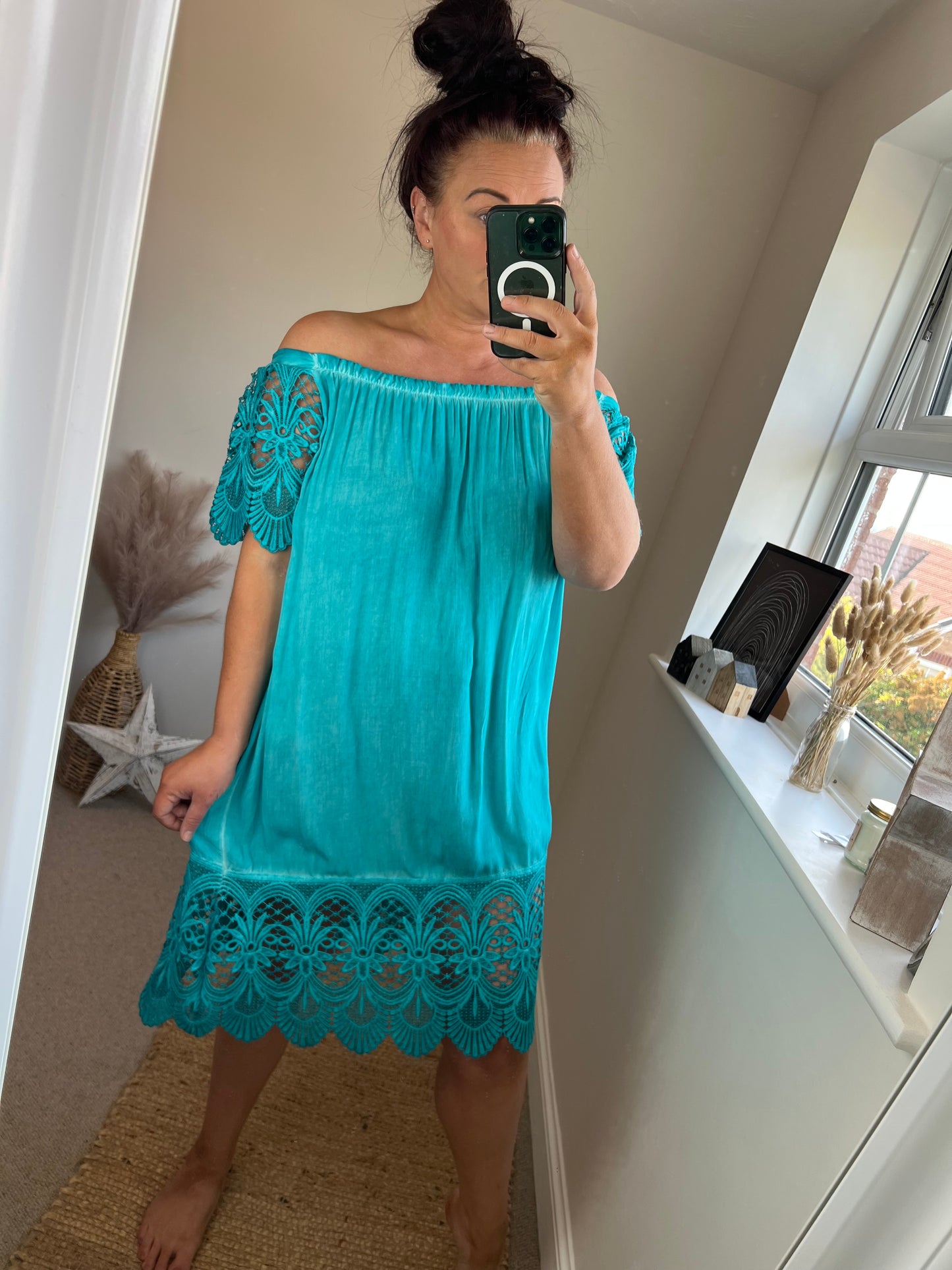 Acid Wash Bardot Dress - Aqua