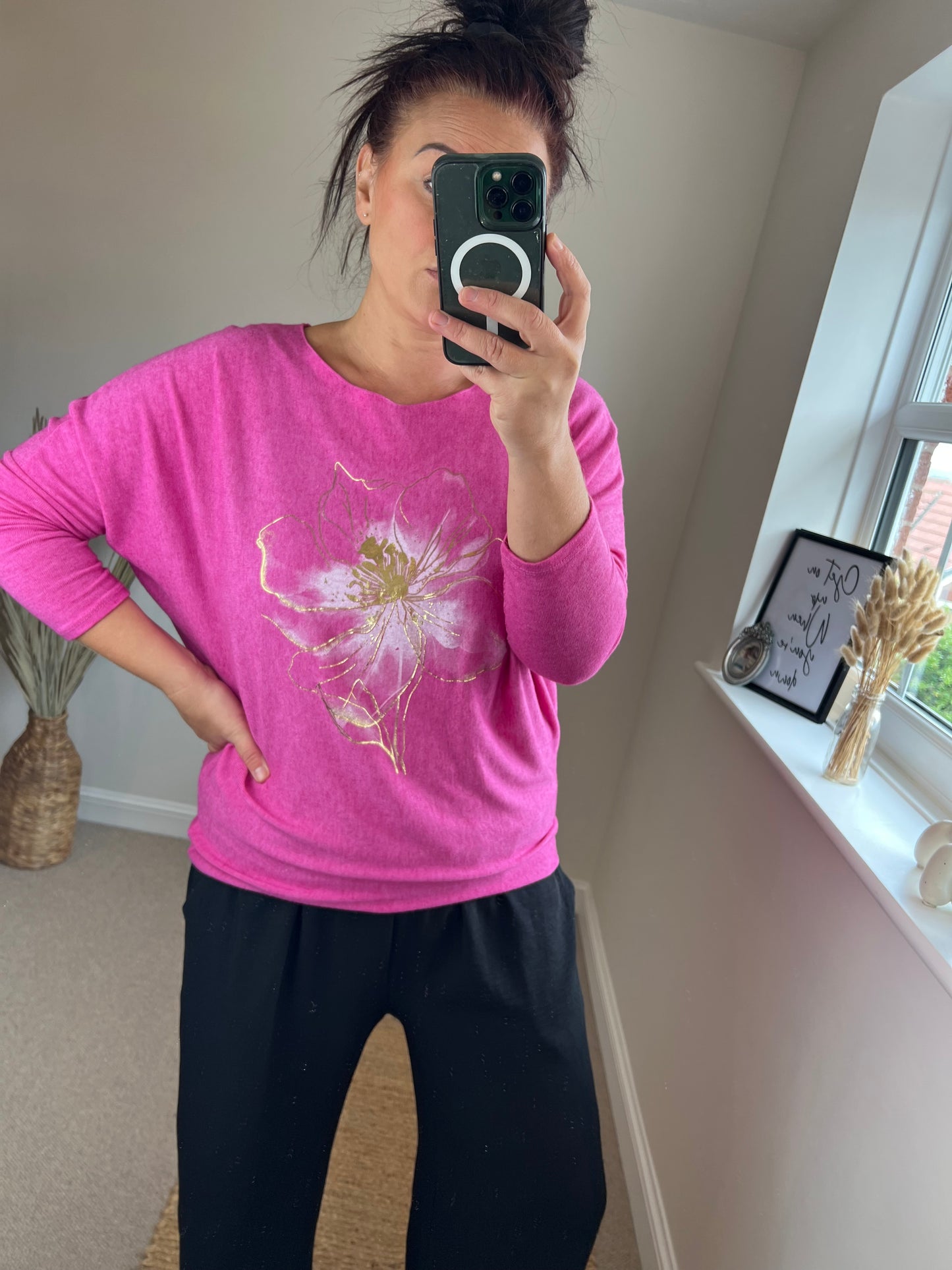Fine Knit Foil Flower Jumper - Pink