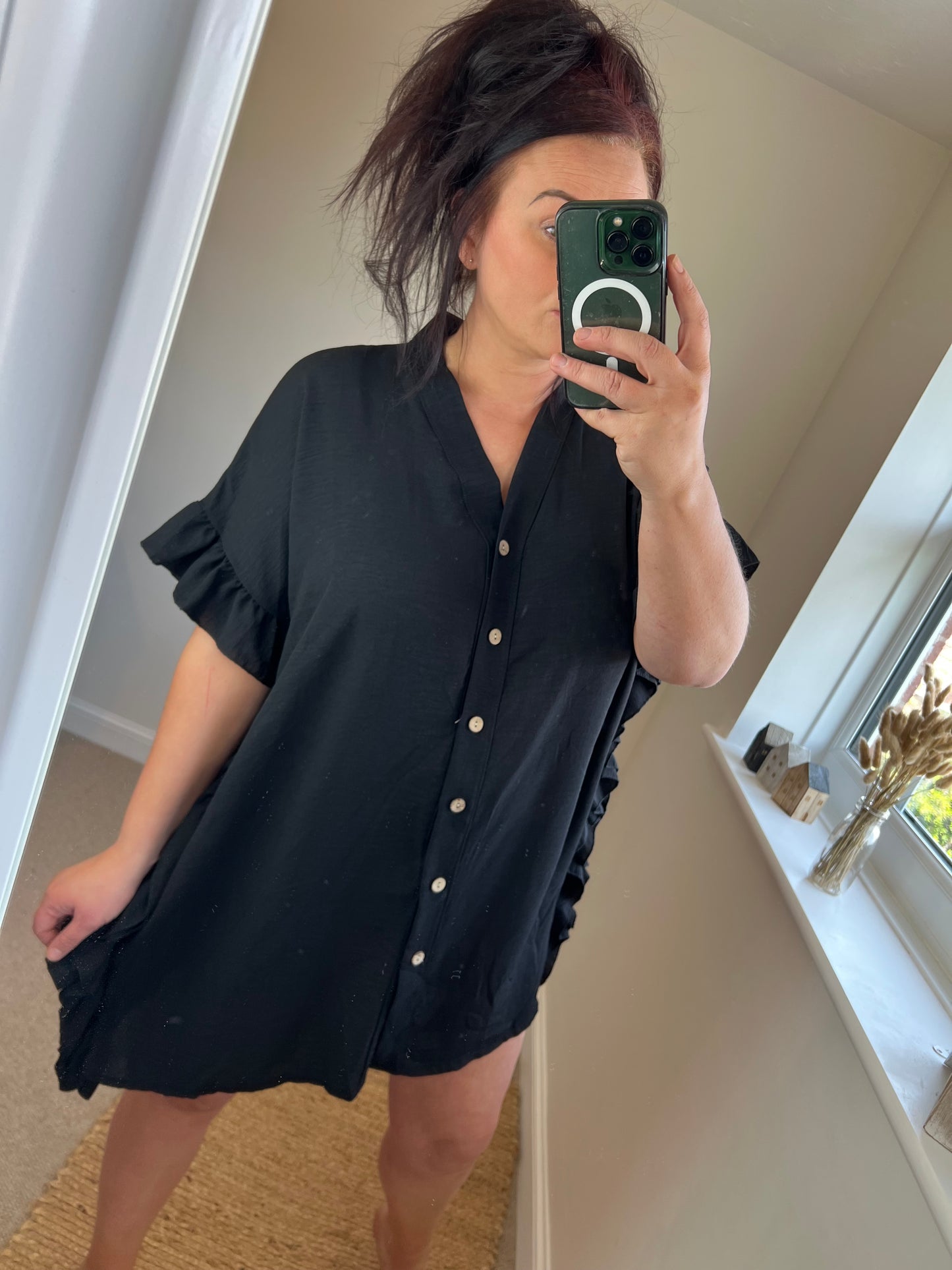Frill Shirt Dress - Black