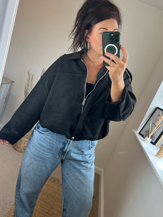 Faux Suede Oversized Bomber Jacket - Black