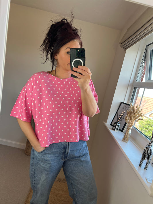 Cropped Sleeve Fine Knit Jumper - Pink Spots