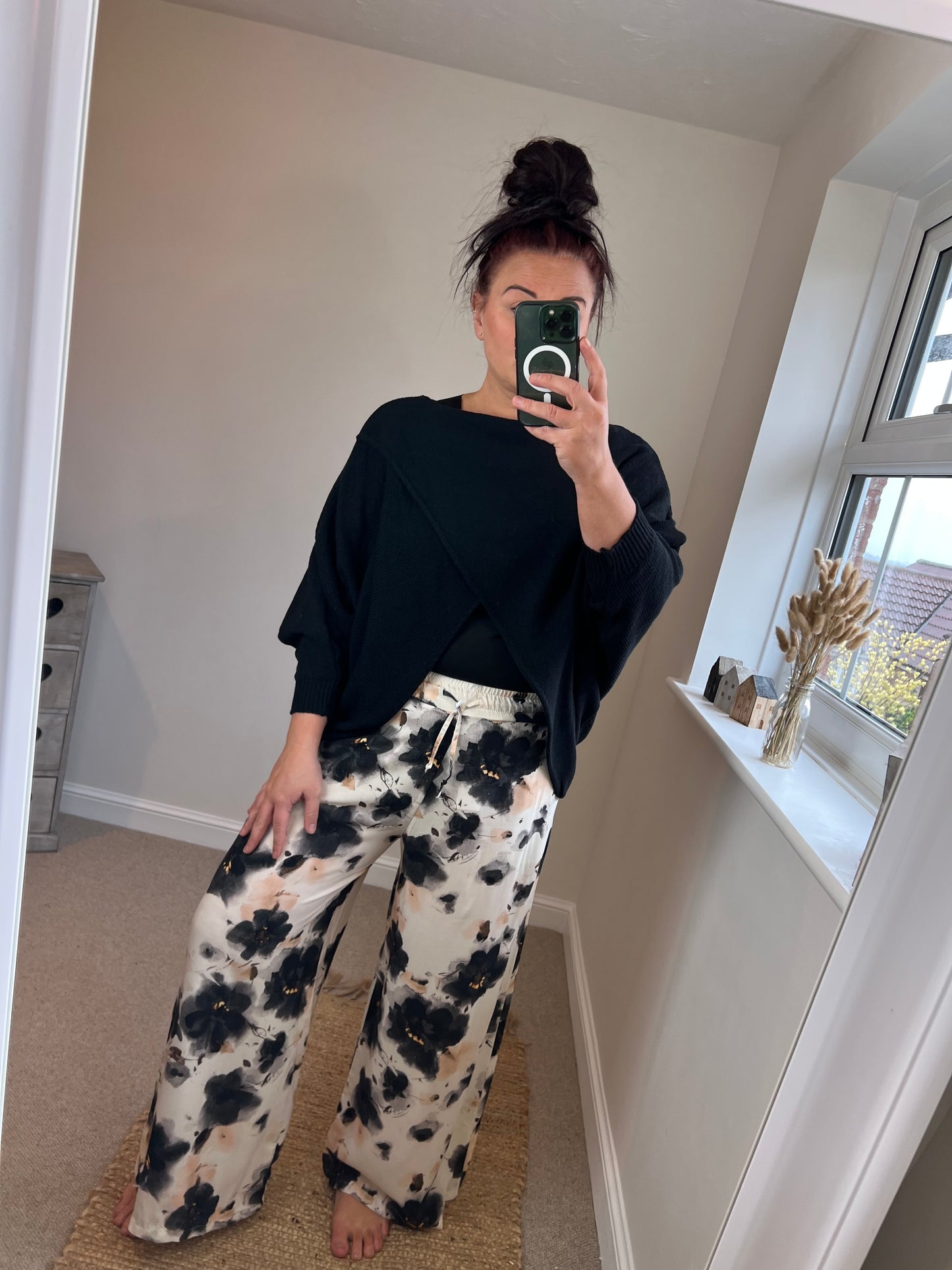 Flower Wide Leg Trousers - Black