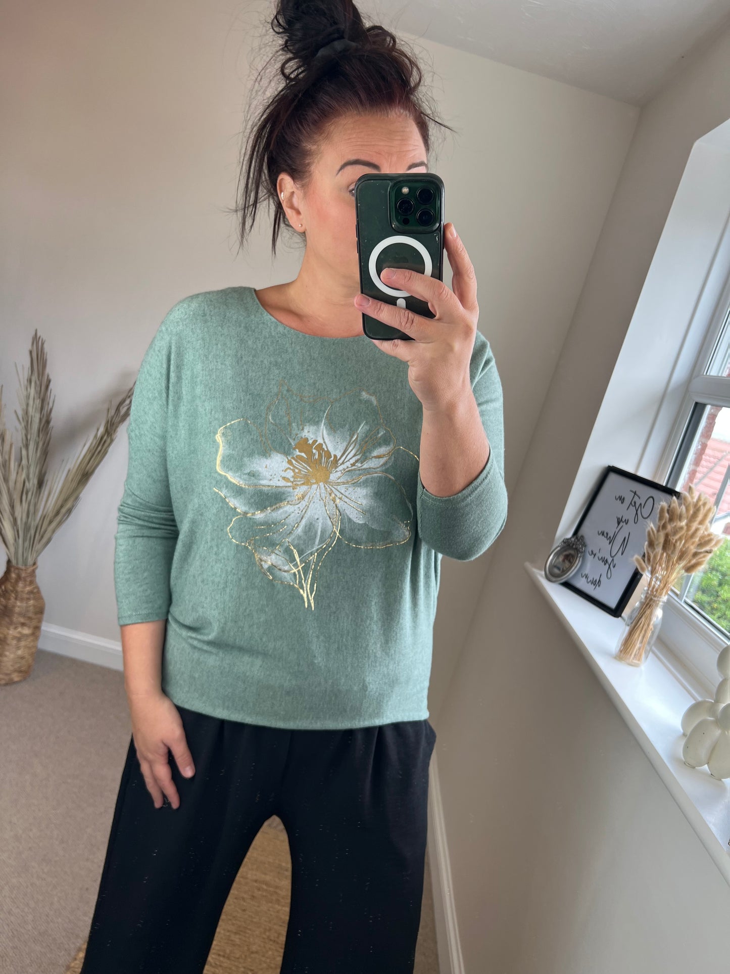 Fine Knit Foil Flower Jumper - Sage