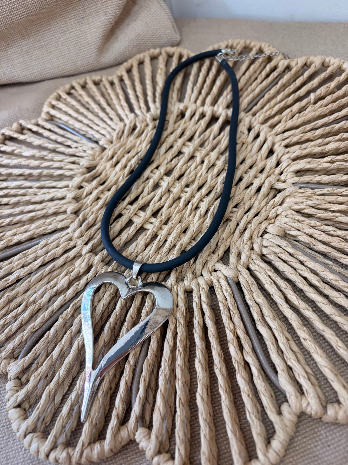 Heart Necklace with Black Rubber Chain - Silver