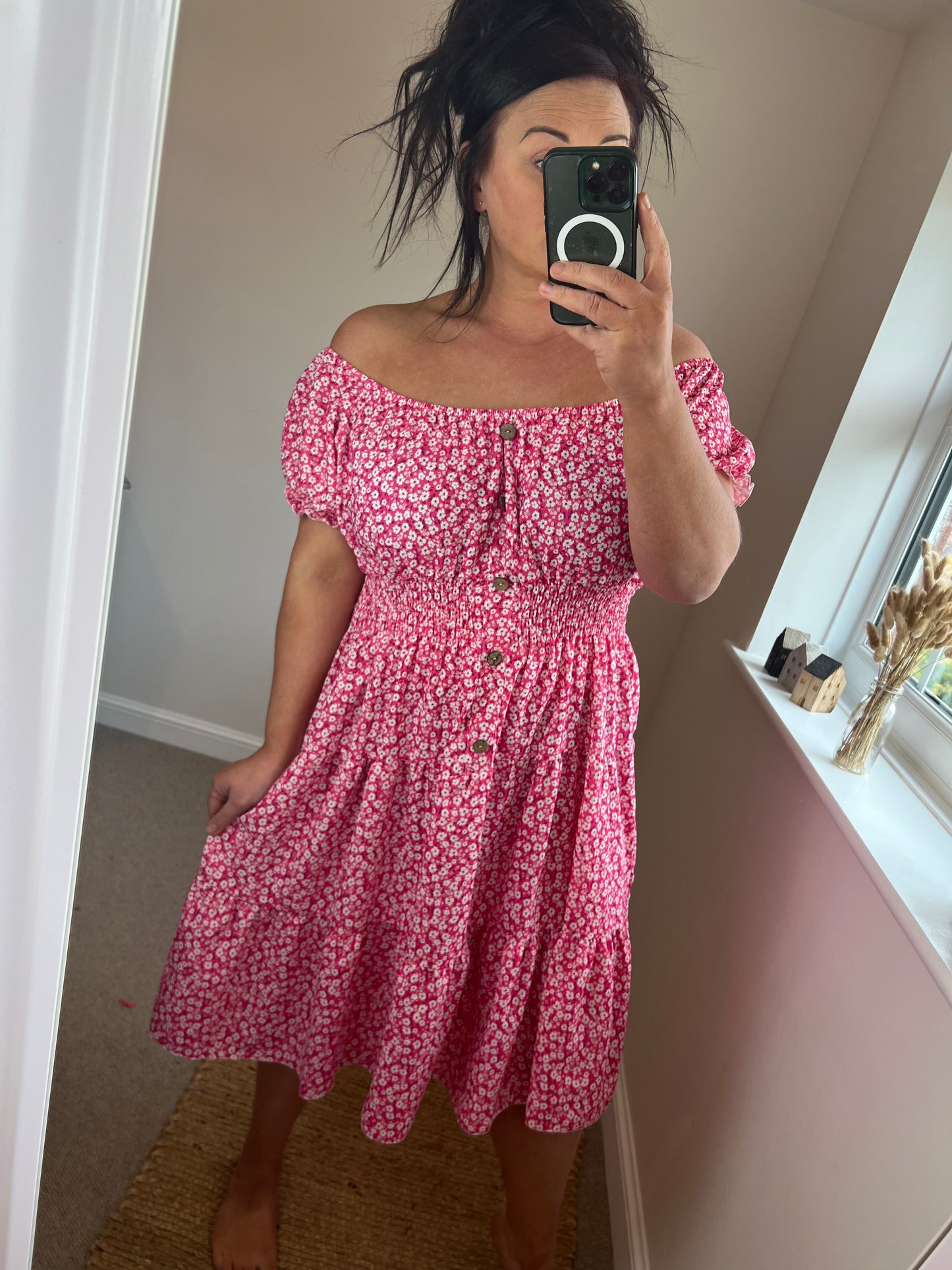 Magic Short Shirred Button Dress - Cerise (Plus Size)
