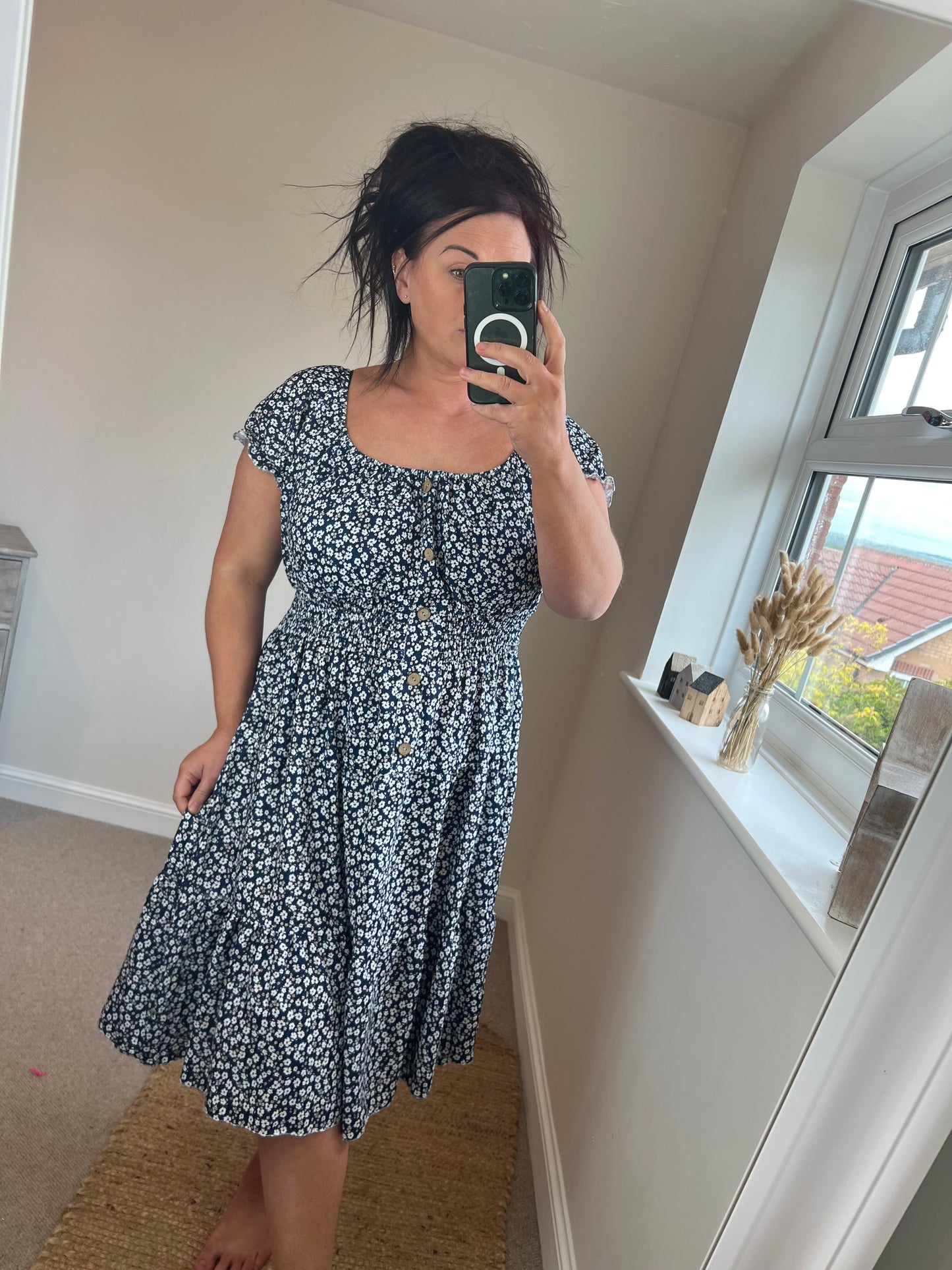 Magic Short Shirred Button Dress - Navy (Plus Size)