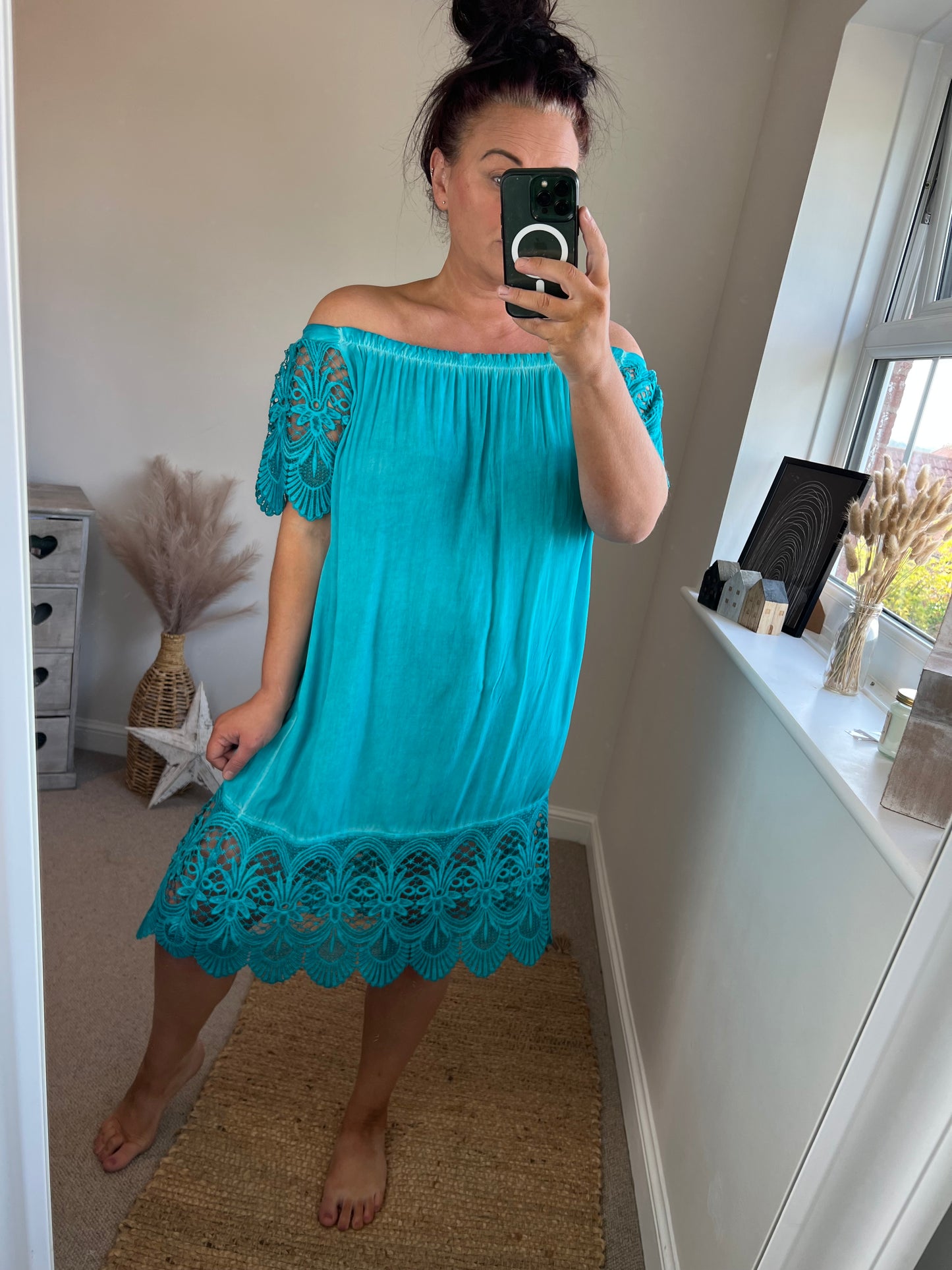 Acid Wash Bardot Dress - Aqua
