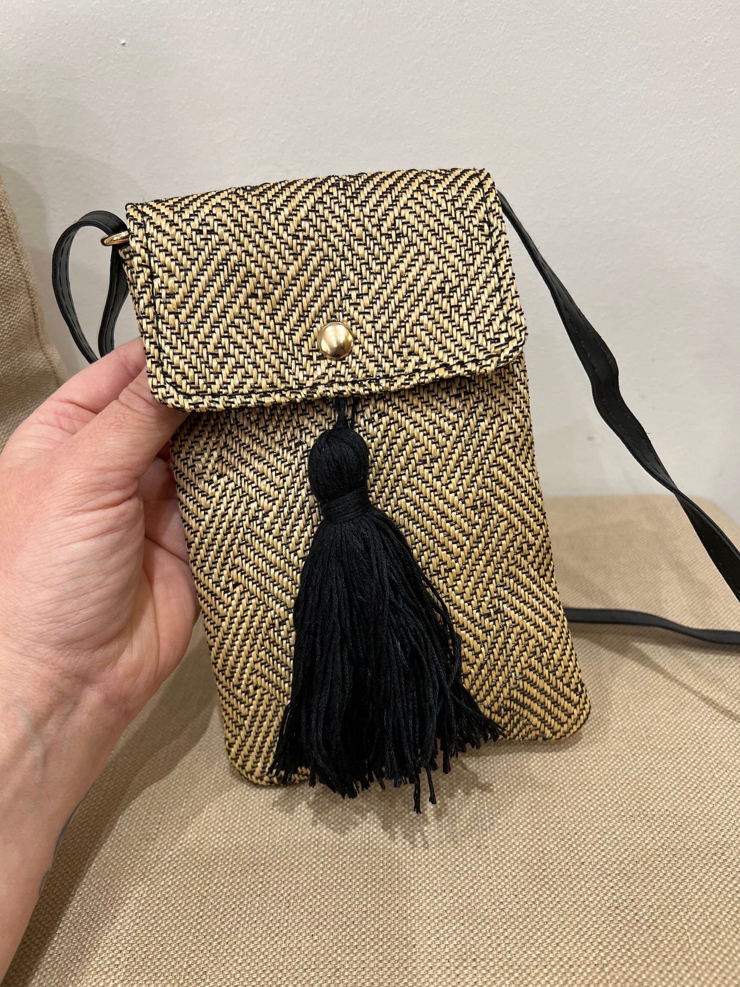Woven Small Crossbody Bag - Black/Camel
