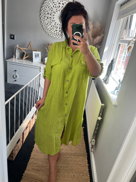 Long Cotton Shirt Dress - Lime