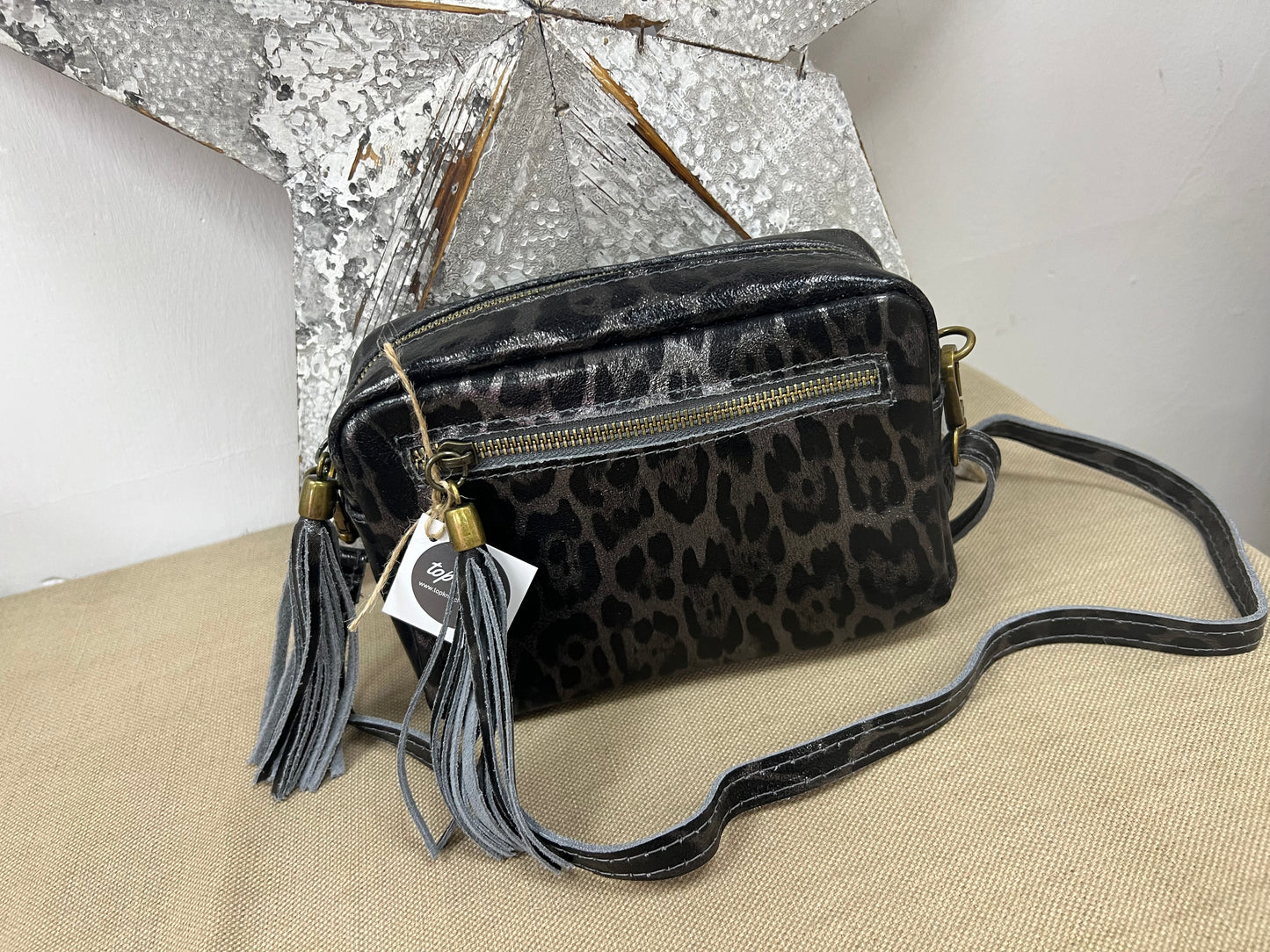 Leather Camera Bag - Metallic Charcoal Leopard