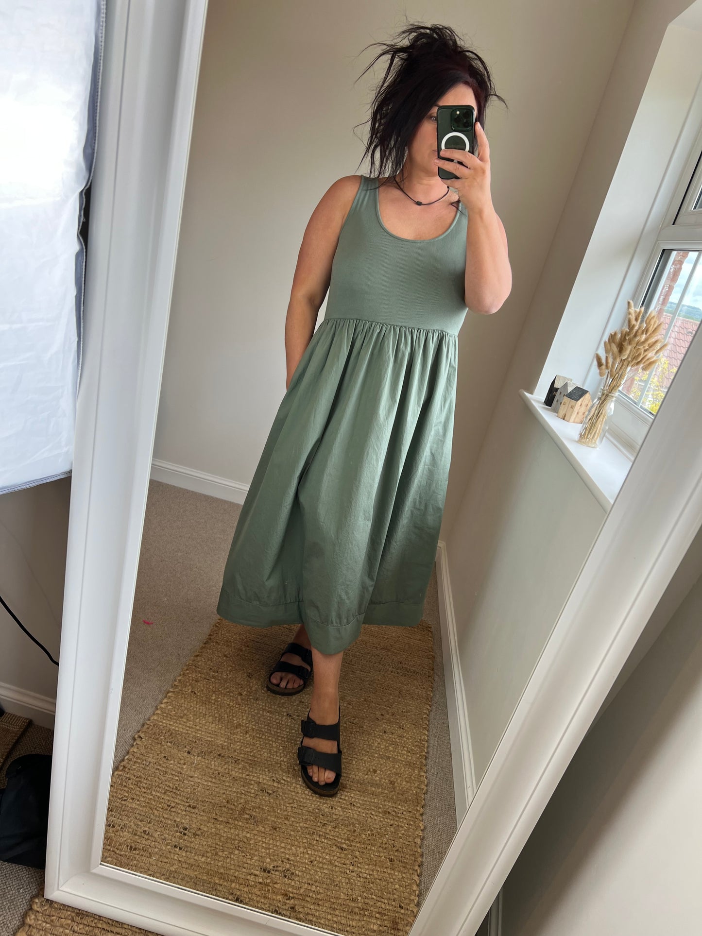Fit & Flare Midi Sleeveless Dress with Pockets - Khaki