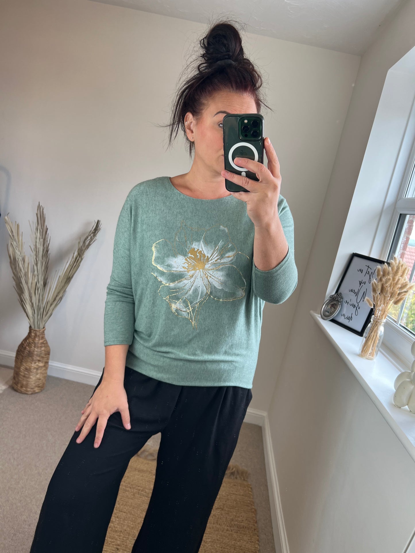 Fine Knit Foil Flower Jumper - Sage