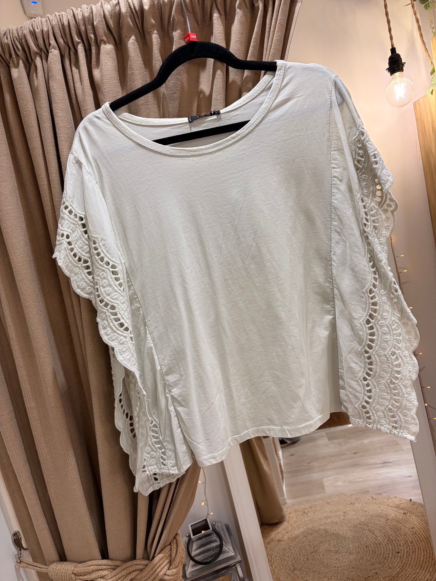 Broderie Anglaise Frill Sleeve T-Shirt - Cream