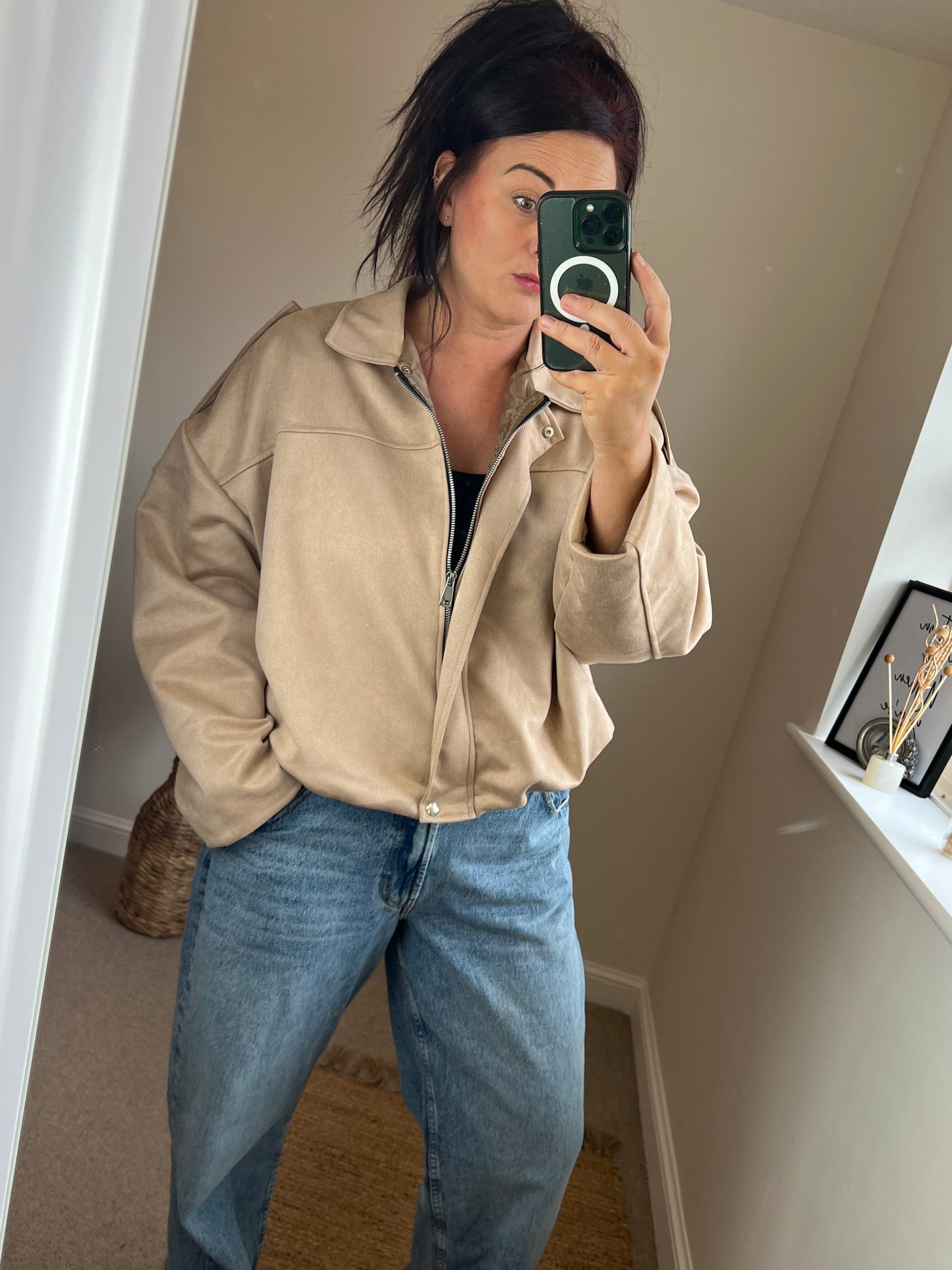 Faux Suede Oversized Bomber Jacket - Beige