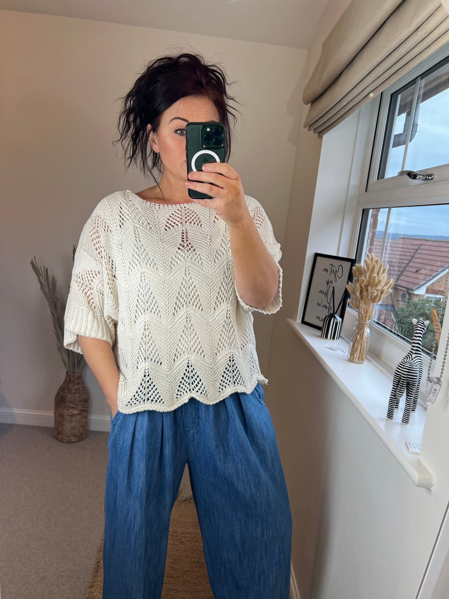 Scalloped Edge Crochet Top - Cream