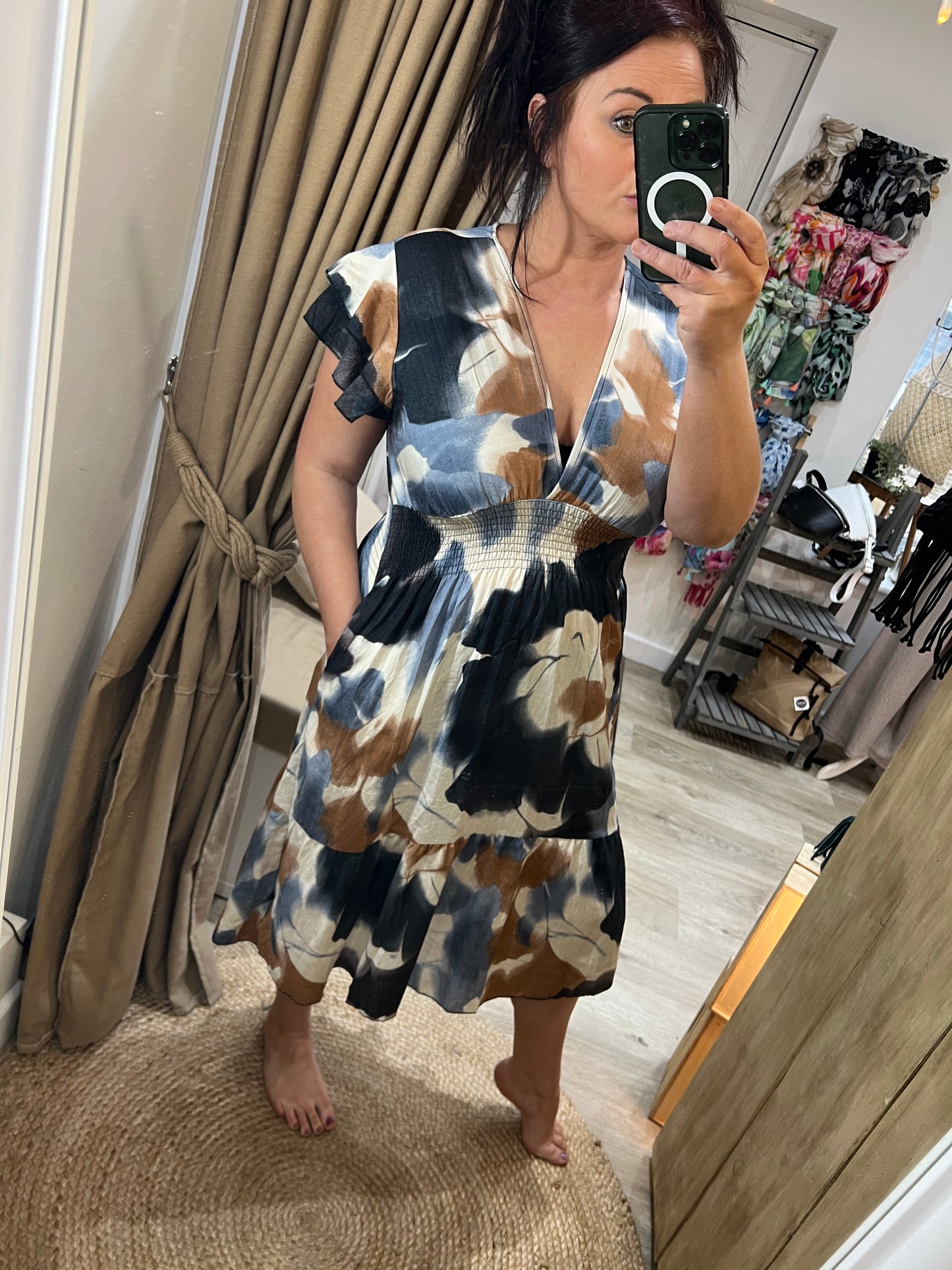 Shirred V Neck Dress - Navy