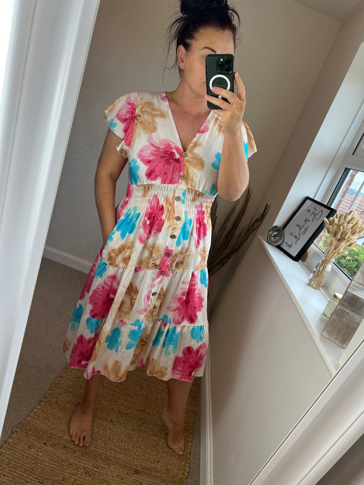 LOTTIE Midi Button Dress with Pockets - Cream Floral