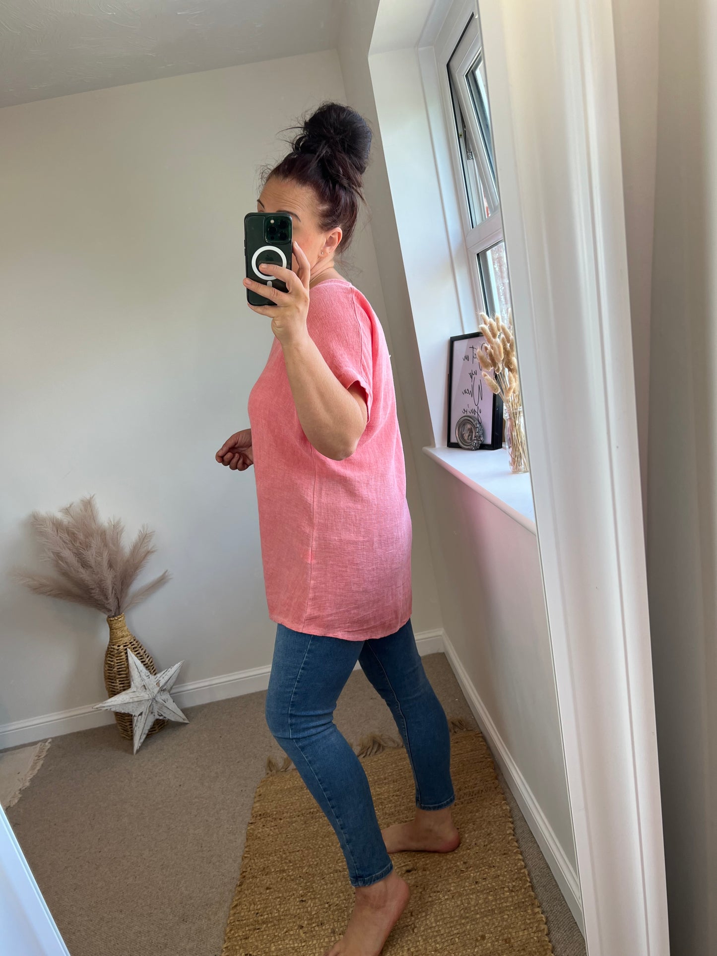 Linen Mix Longline Drawstring Top - Coral