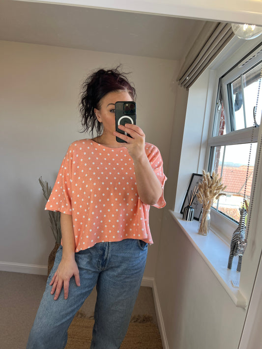 Cropped Sleeve Fine Knit Jumper - Orange Spots