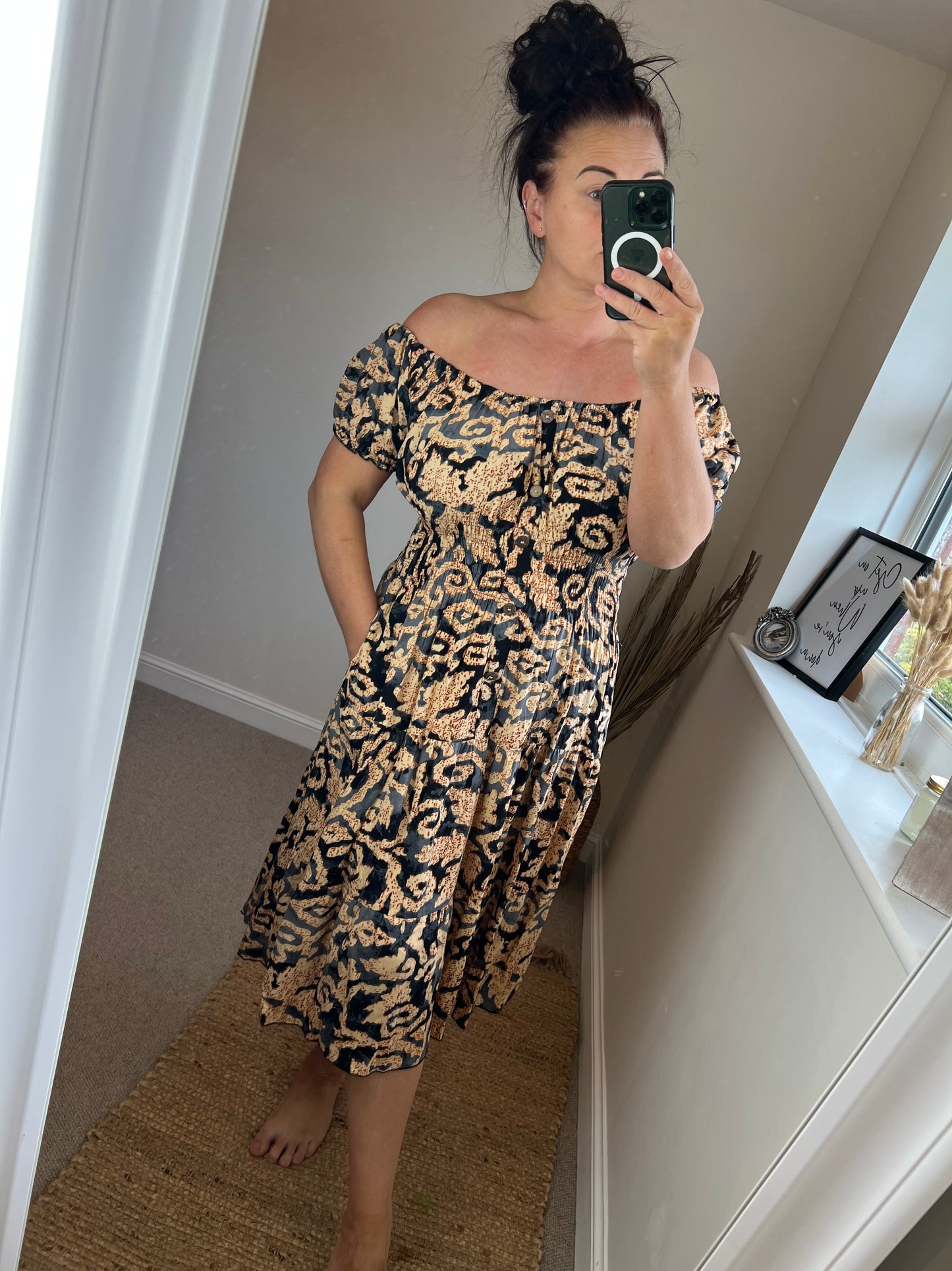 STEVIE Midi Button Dress with Pockets - Black/Tan