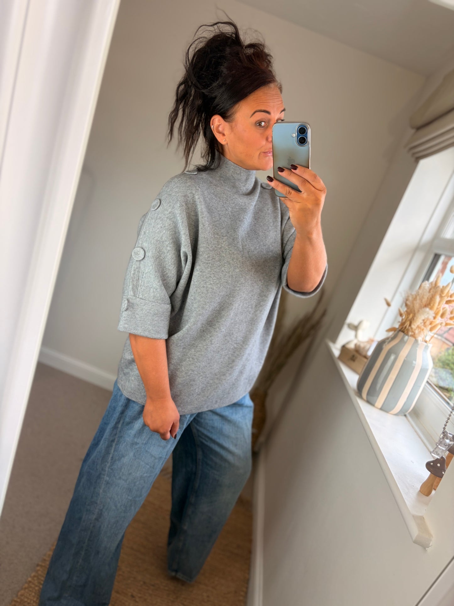 Button Sleeve Funnel Neck Jumper - Grey