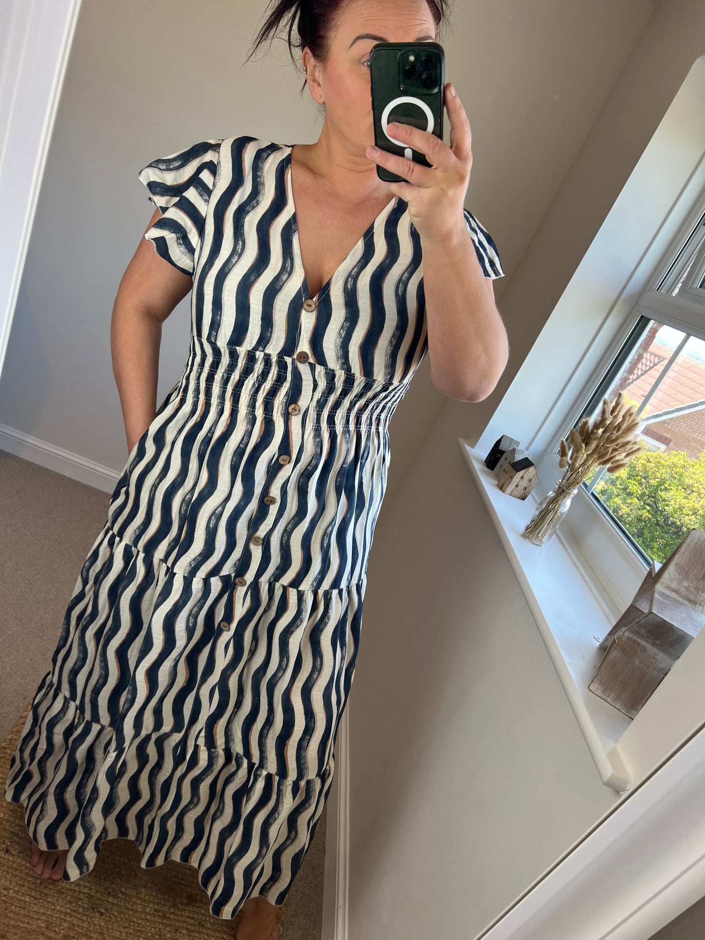 Magic Shirred V Neck Button Dress with Pockets - Navy Stripe