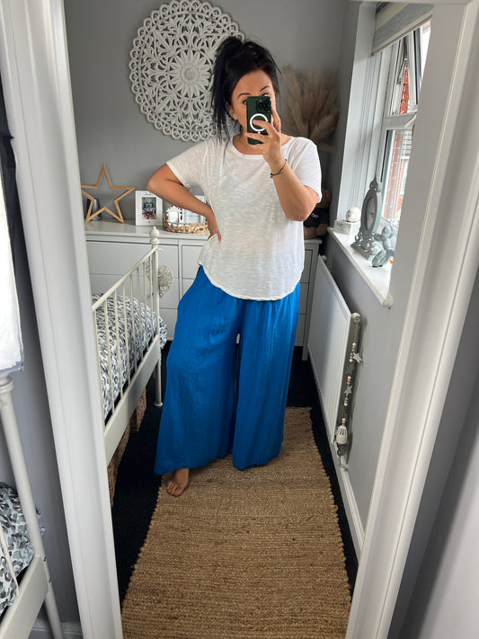 Cotton Wide Leg Trousers with Pockets - Cobalt