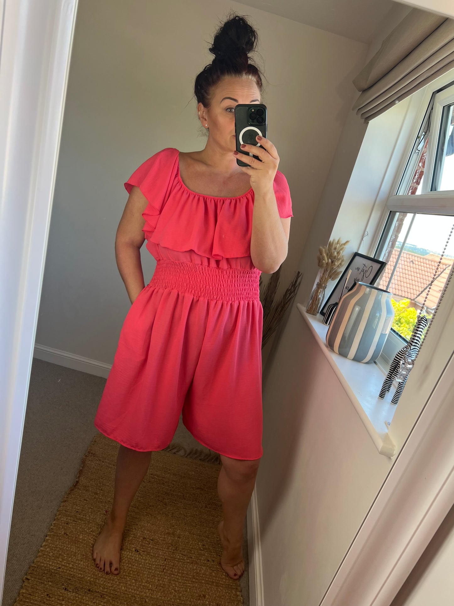 Shirred Waist Playsuit - Coral