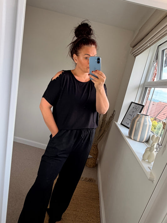 Cold Shoulder Studded Top - Black