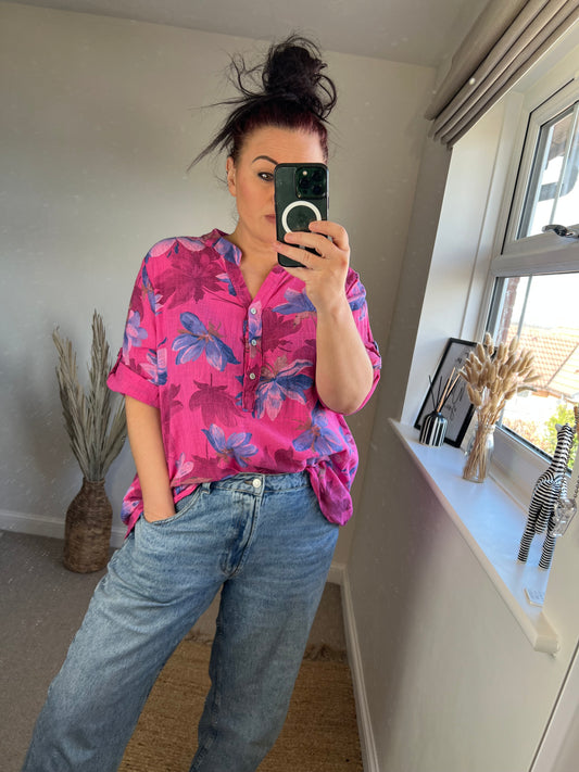 SANDY Cotton Shirt - Cerise Lillies