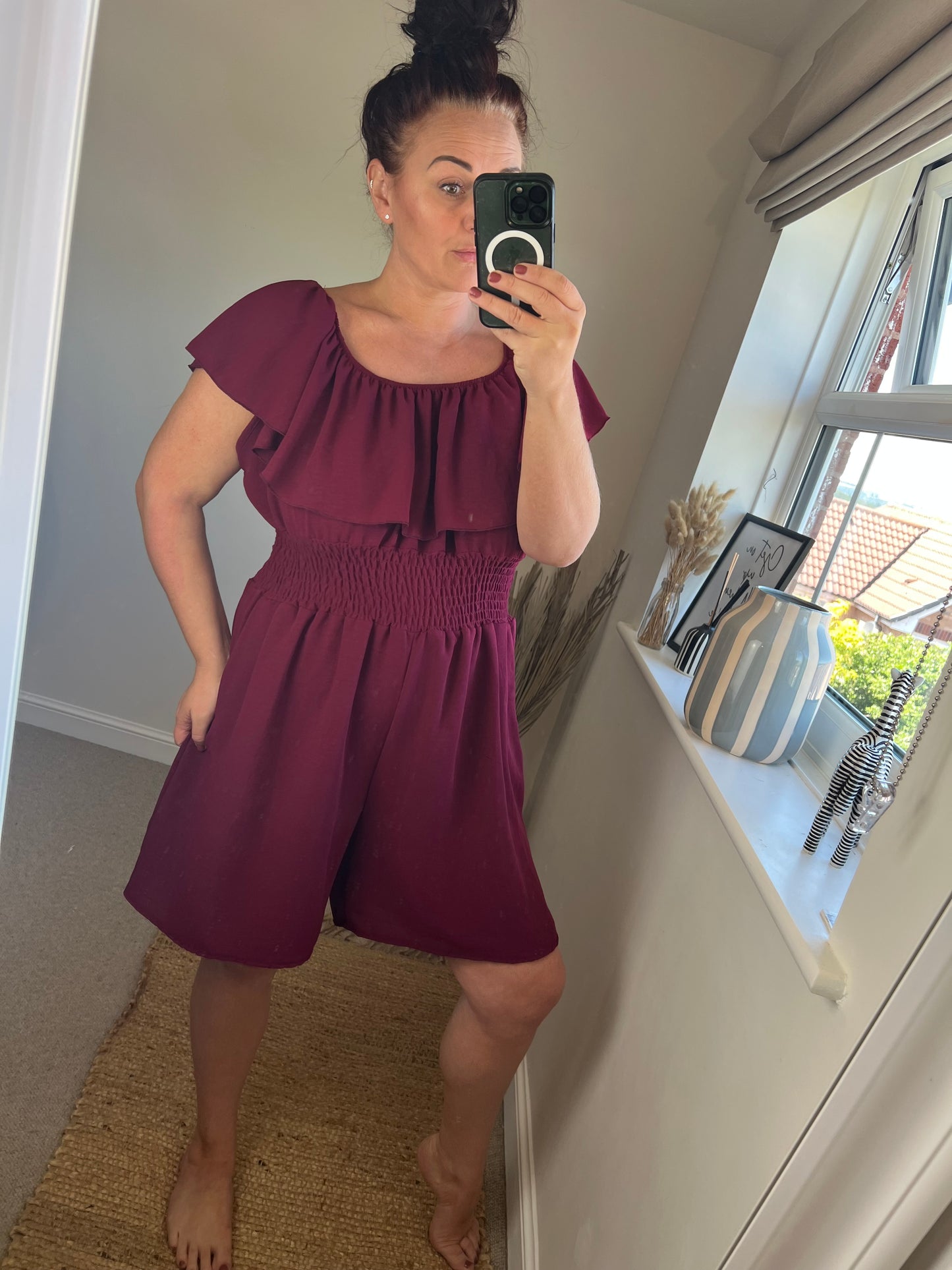 Shirred Waist Playsuit - Wine
