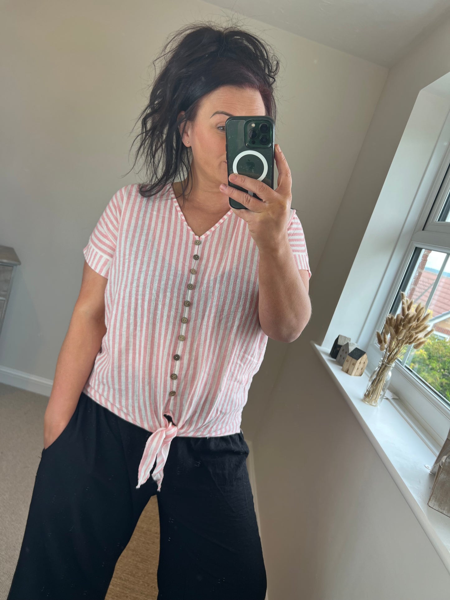 Cotton Tie Front Stripe Top - Pink