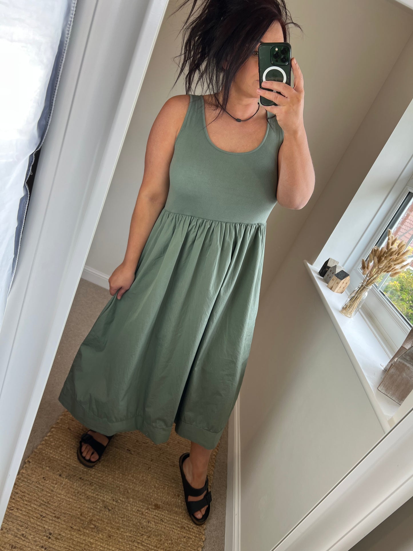 Fit & Flare Midi Sleeveless Dress with Pockets - Khaki