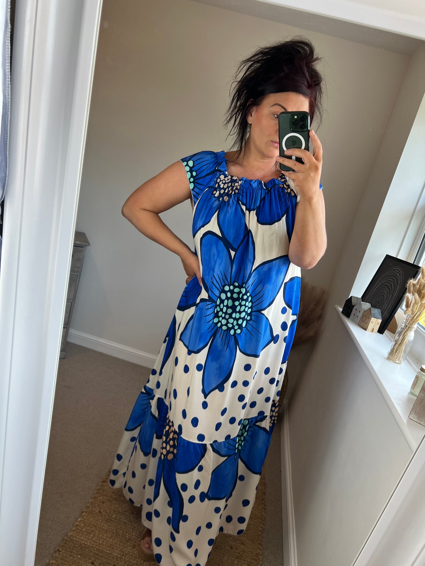 View of sleeve length Women’s blue floral maxi dress with oversized flower print and polka dots on ivory background, relaxed fit with gathered neckline