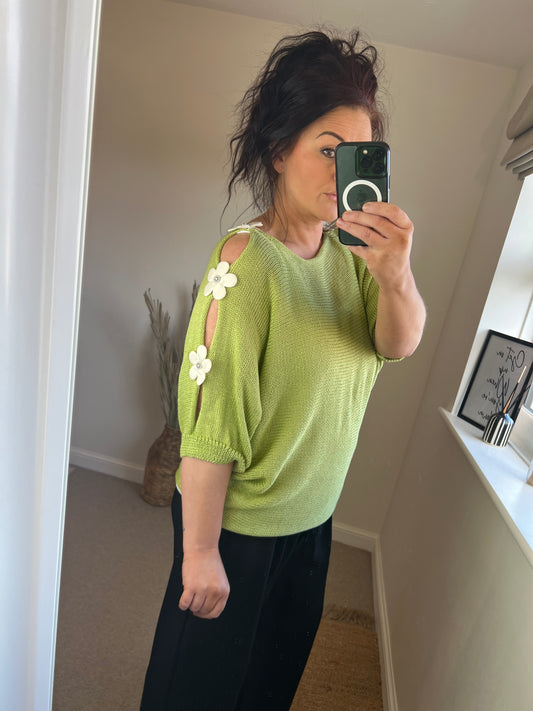 Flower Cold Shoulder Top - Green