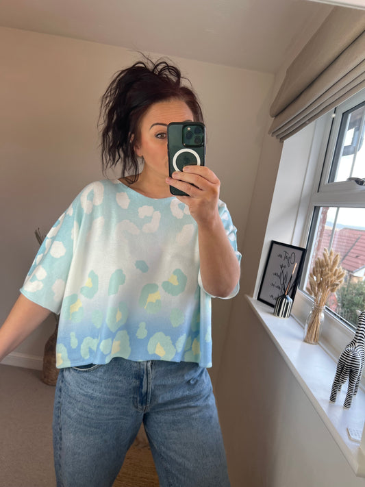 Cropped Sleeve Fine Knit Jumper - Leopard Blue